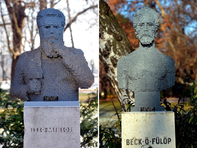 Budapest, 2014. december 30. Izsó Miklós szobrászmûvész (b) és Beck Ö. Fülöp szobrász, éremmûvész legóból készült mellszobra a margitszigeti Mûvészsétányon 2014. december 30-án. Az alkotásokat Dóczy Balázs, a Kockamûhely vezetõje készítette, az eredeti bronzszobrokat 2011-ben lopták el. Izsó Miklós mellszobrát Kisfaludy Stróbl Zsigmond, Beck Ö. Fülöp mellszobrát a mûvész saját maga készítette. MTI Fotó: Illyés Tibor