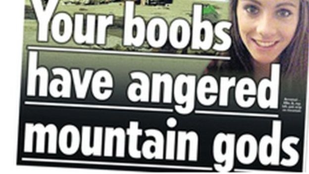 Az újság felirata: "A cicid feldühítette a hegy istenét"