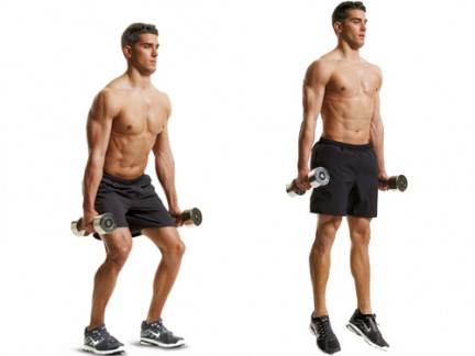 Állj fel úgy, hogy a súlyzókat két oldalt lelógatod. Ugorj fel robbanásszerűen 5-10 alkalommal. Ezt ismételd meg 2-3-szor.