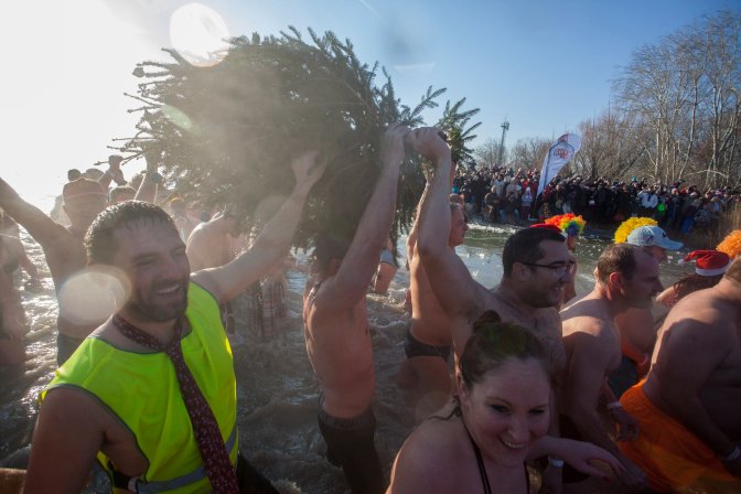 Szigliget, 2017. január 1. Résztvevõk kihozzák a december 24-én felállított karácsonyfát a jeges Balatonból a 6. Újévi csobbanás elnevezésû rendezvényen a szigligeti strandon 2017. január 1-jén. MTI Fotó: Varga György